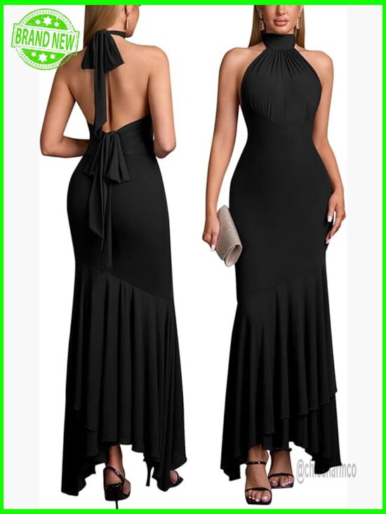 Dresses & Skirts - Halter Tie Backless Bodycon Maxi Dress Ruched Cocktail Formal Wedding Guest